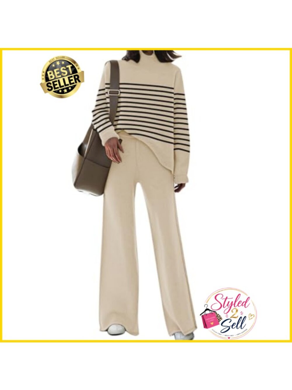 Striped Knit Turtleneck Sweater Wide Leg Pant Set